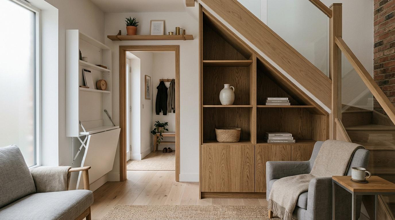Salon moderne avec escalier bois, étagères intégrées et mobilier épuré