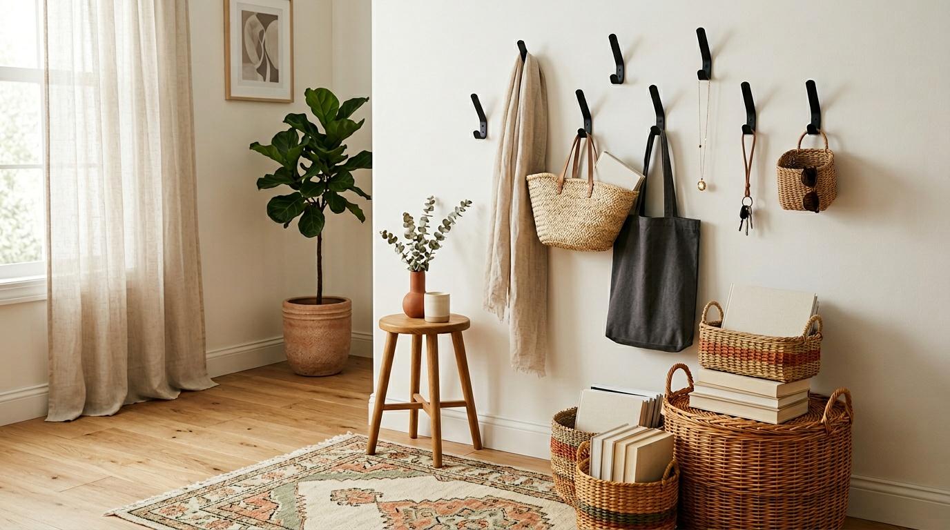 Pi&egrave;ce lumineuse avec crochets, paniers tiss&eacute;s et plantes vertes.
