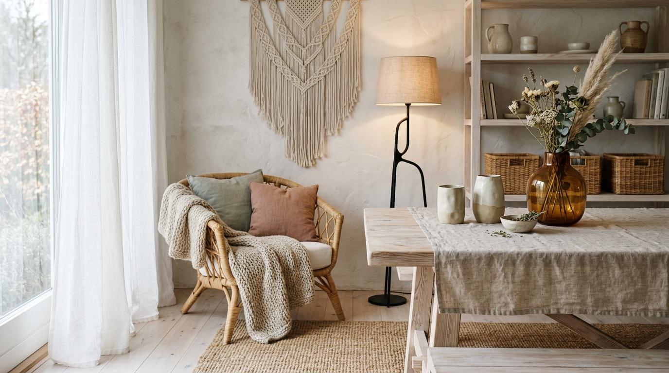 Salon boho avec fauteuil rotin, table bois et d&eacute;coration naturelle