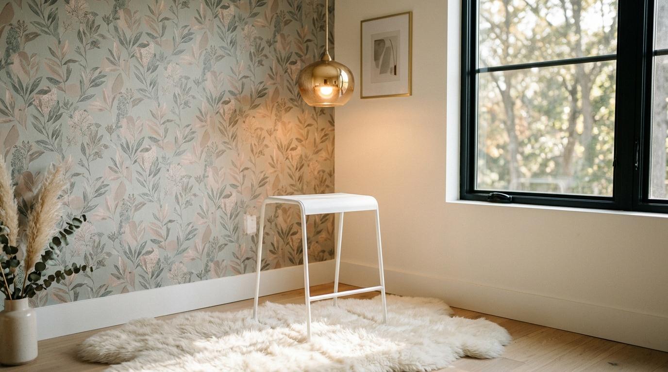 Chaise blanche sur tapis blanc, d&eacute;cor botanique &eacute;pur&eacute;
