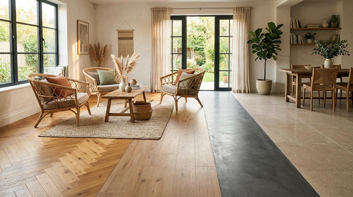 Salon spacieux avec chaises en rotin, parquet et carrelage gris