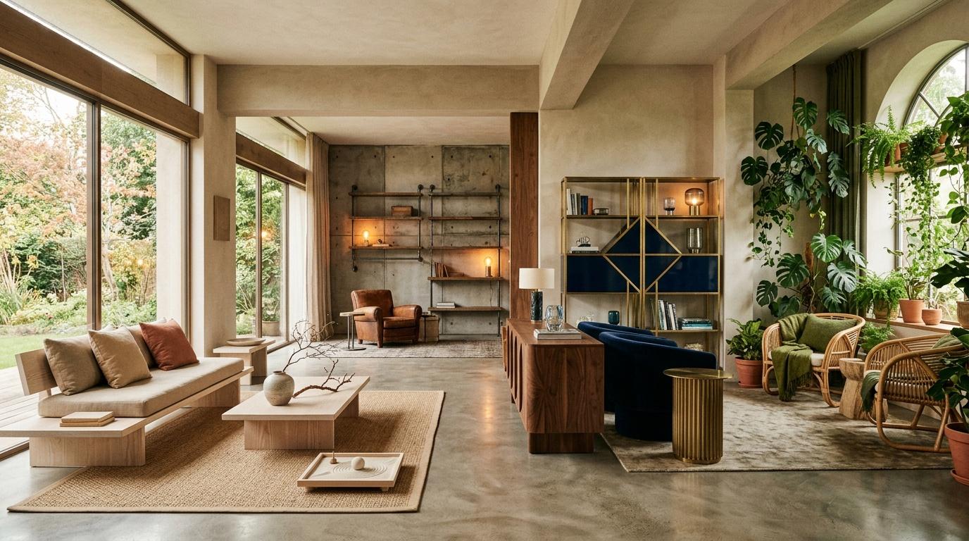 Salon contemporain lumineux avec plantes, meubles bois et grandes fen&ecirc;tres