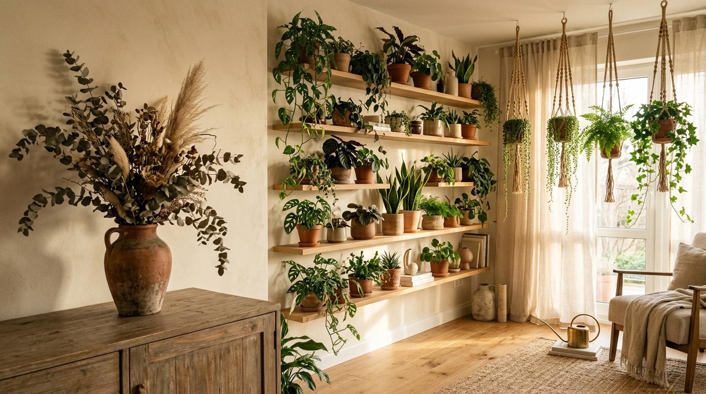 Salon avec plantes en pot et étagères bois naturel
