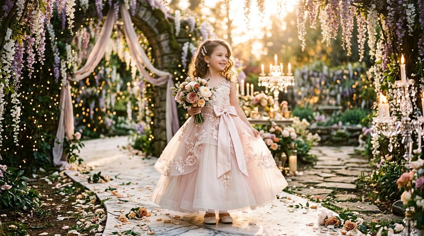 Enfant en robe élégante tenant bouquet dans allée fleurie