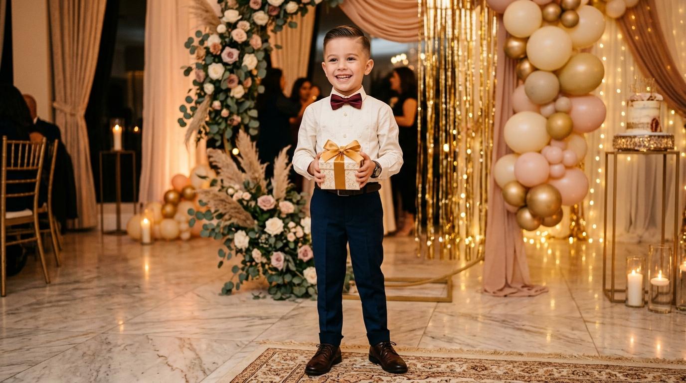 Enfant souriant en costume formel tenant un cadeau doré