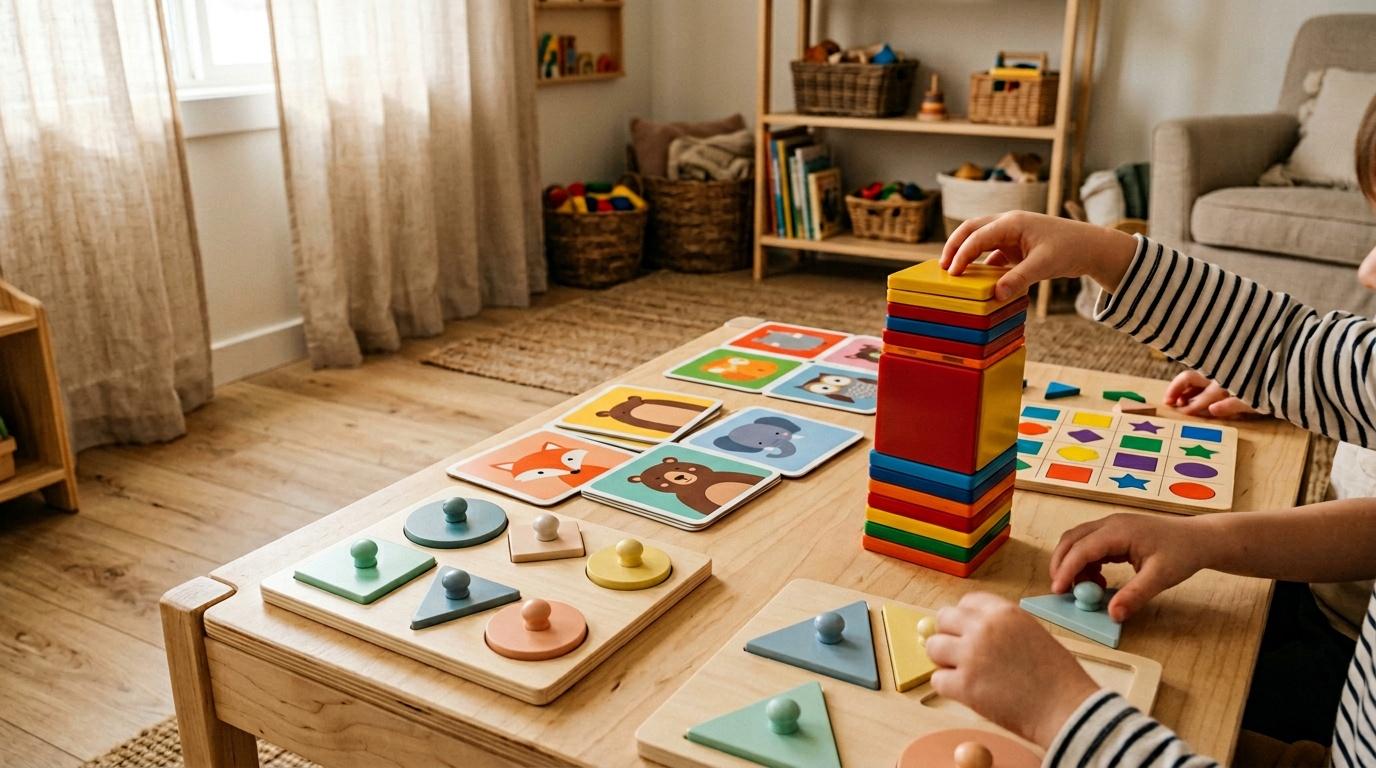 Enfant jouant avec des jouets &eacute;ducatifs en bois color&eacute;s