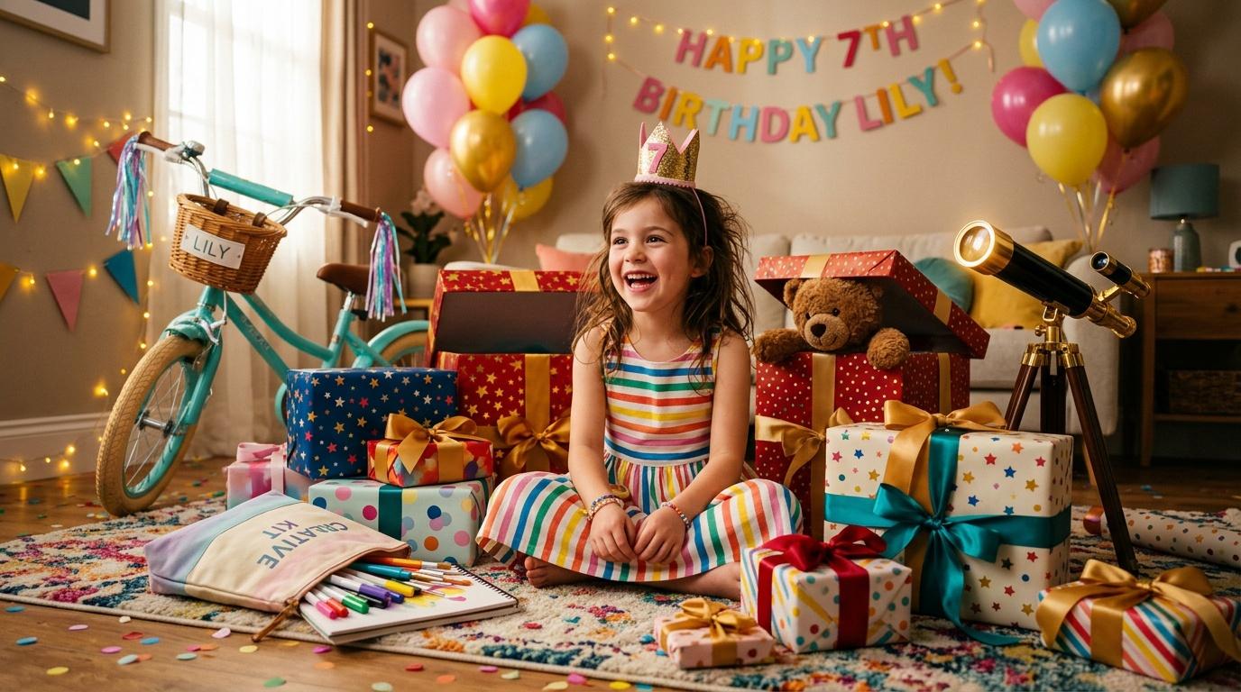 Fillette souriante célébrant son 7e anniversaire entourée de cadeaux