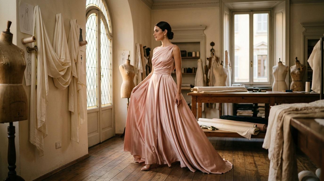 Femme en robe rose dans un atelier de design de mode classique