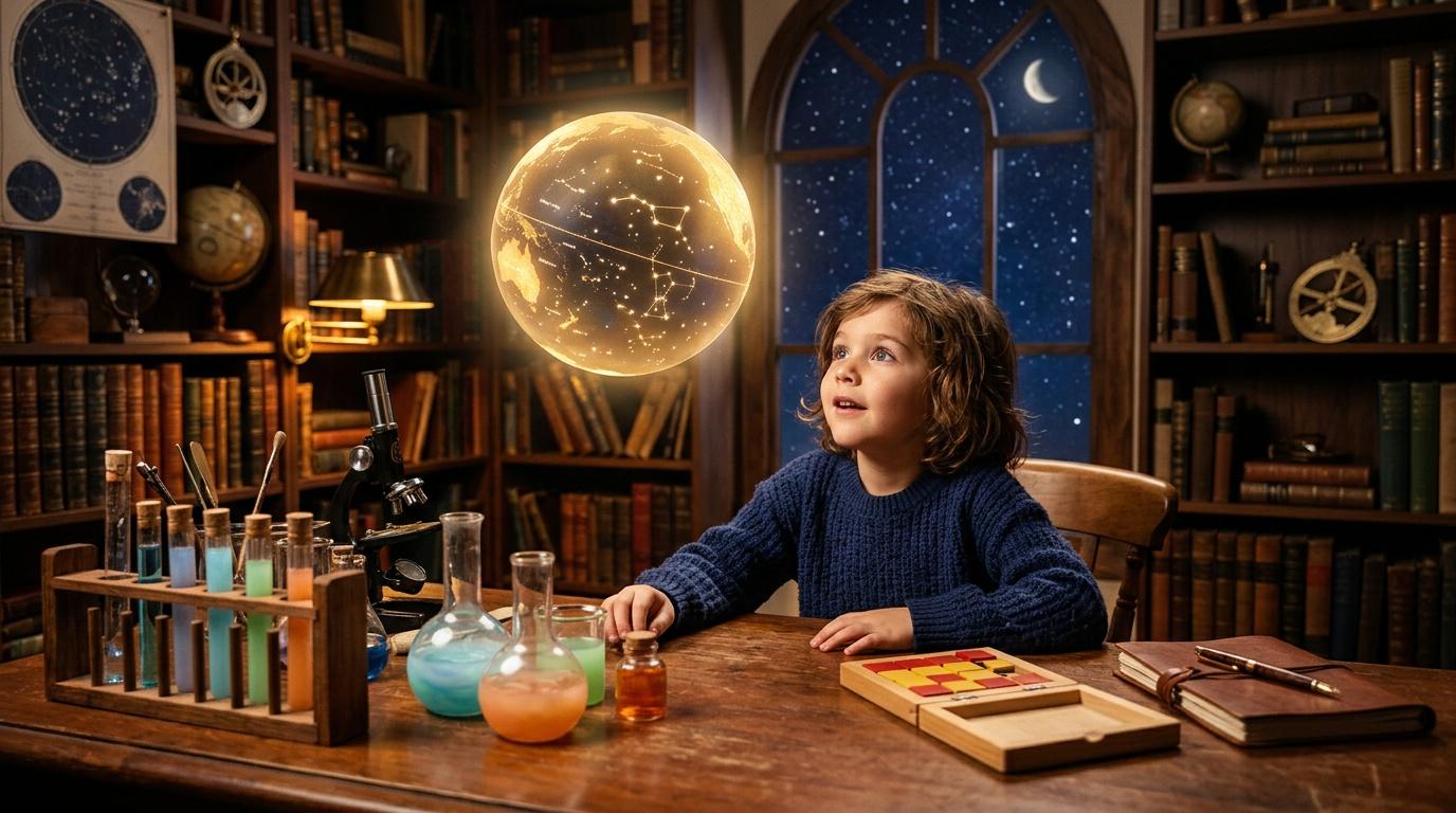 Enfant observant un globe c&eacute;leste lumineux dans un laboratoire astronomique