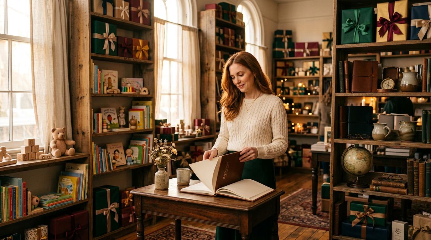 Femme lisant dans une biblioth&egrave;que d&eacute;cor&eacute;e festive avec cadeaux