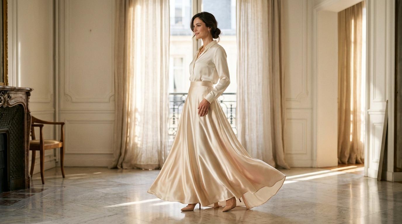 Femme en robe beige fluide dans un salon lumineux