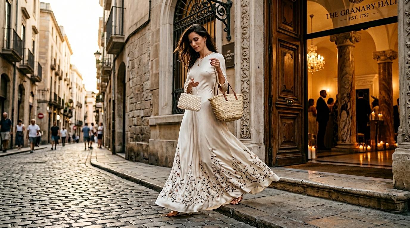 Femme en robe blanche dans une rue pav&eacute;e ancienne