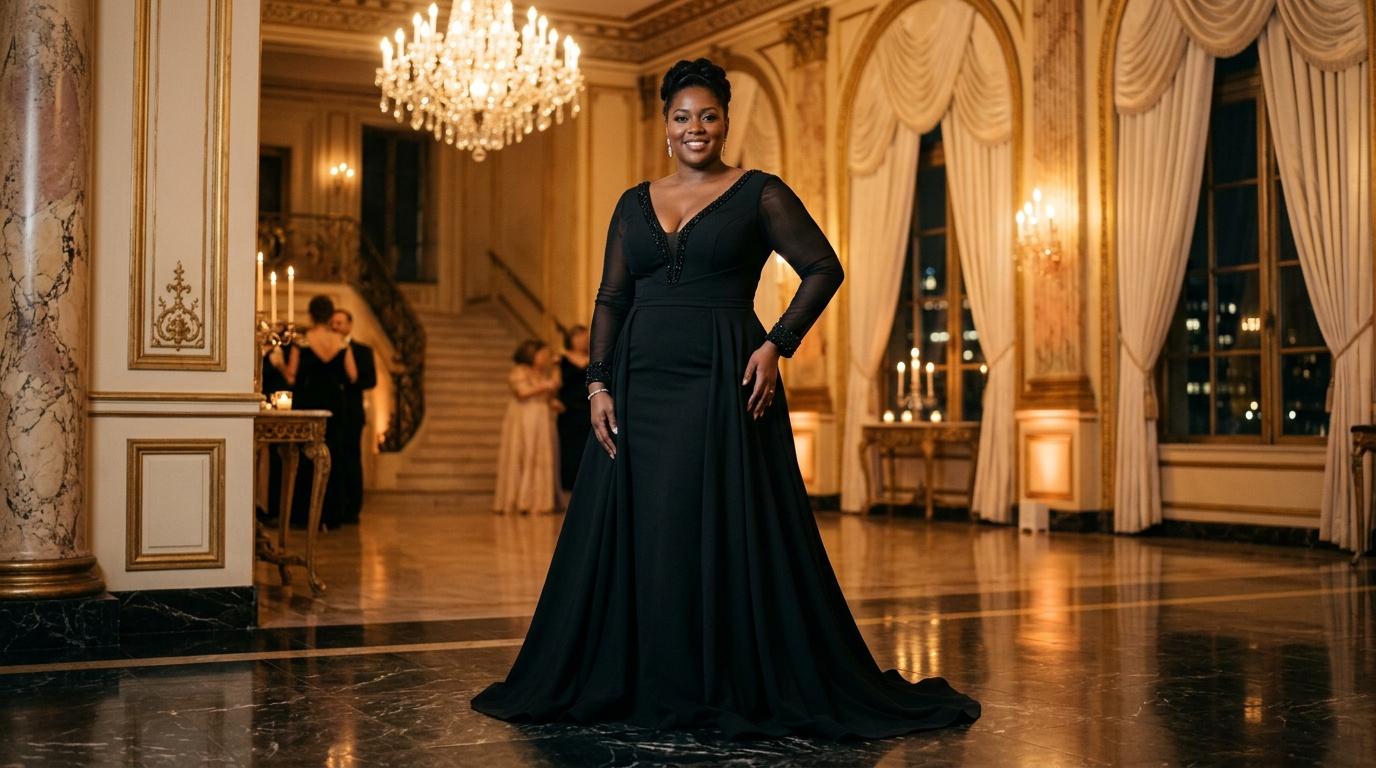 Femme en robe noire dans un hall de palais luxueux
