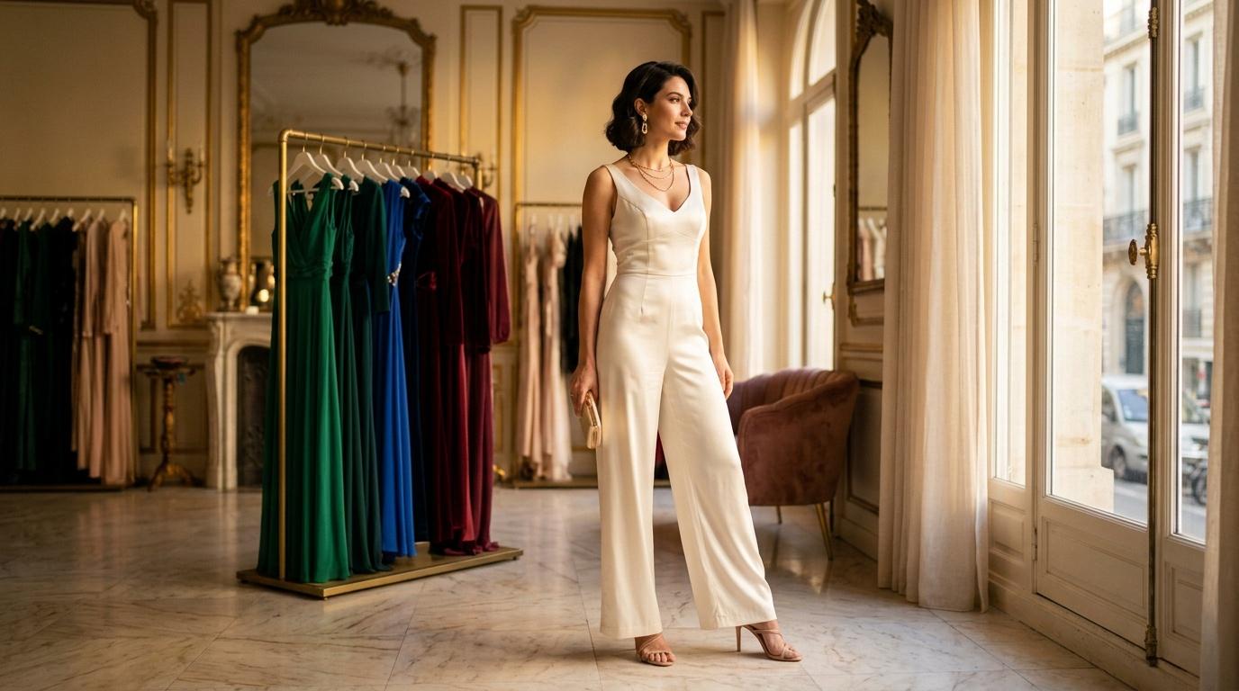 Femme en robe blanche dans un showroom de luxe