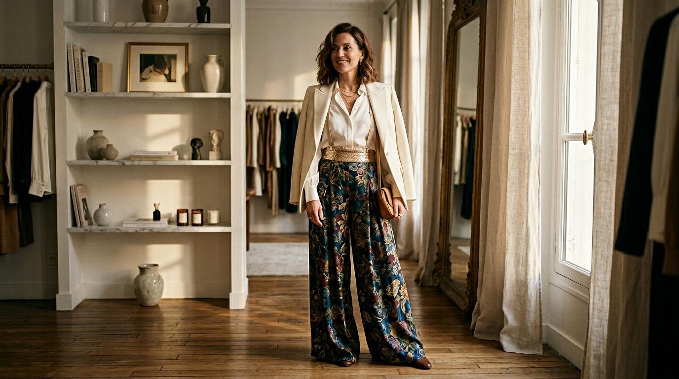 Femme souriante en tenue chic dans un dressing luxueux