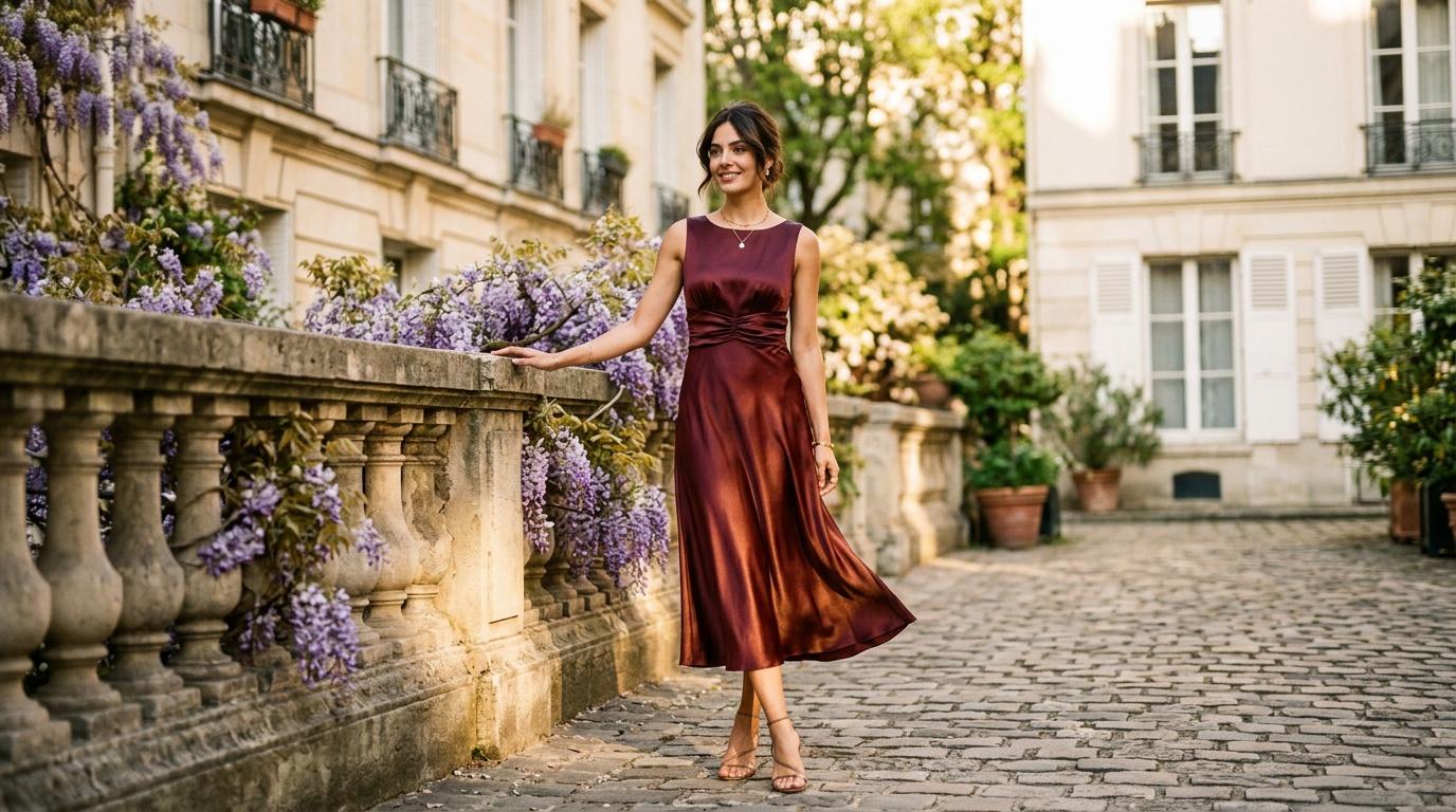 Femme en robe bordeaux dans une cour parisienne fleurie