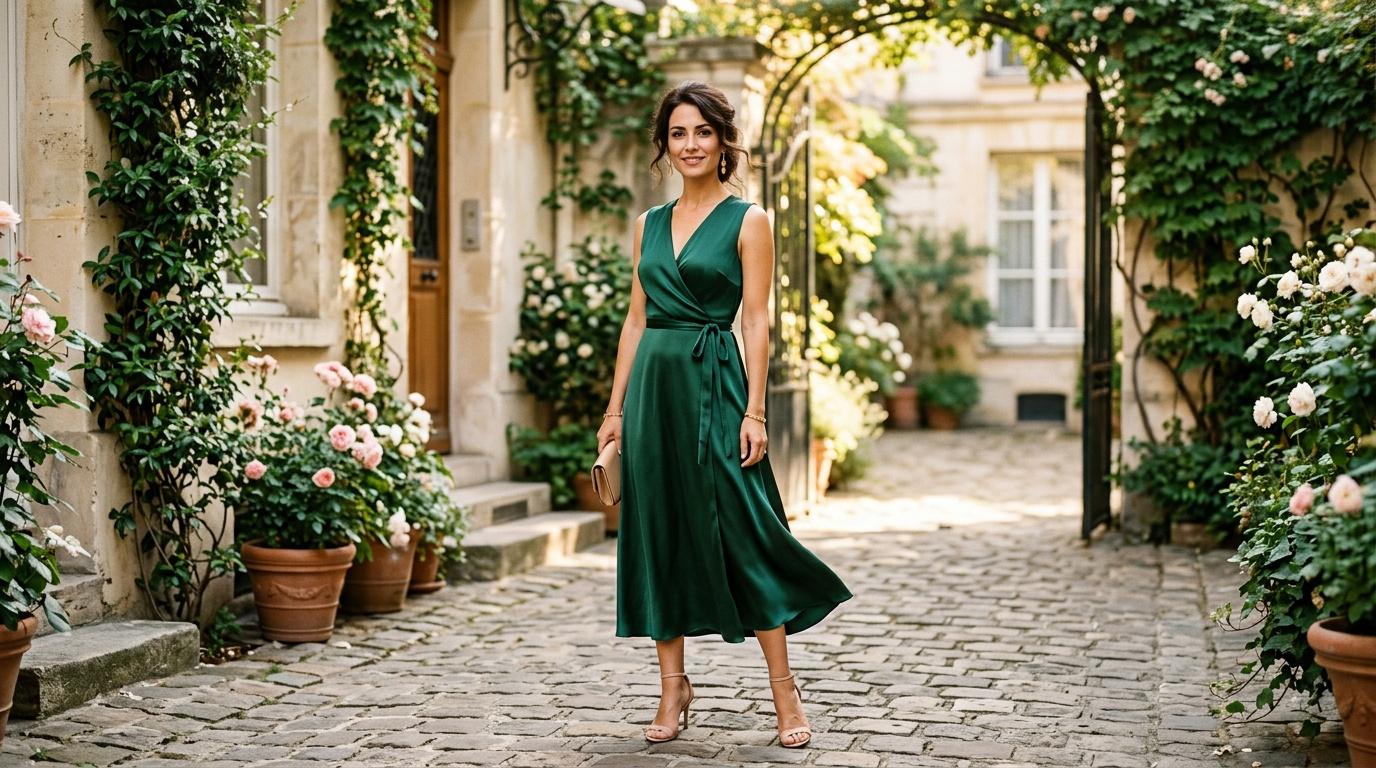 Femme en robe verte souriante dans une allée fleurie