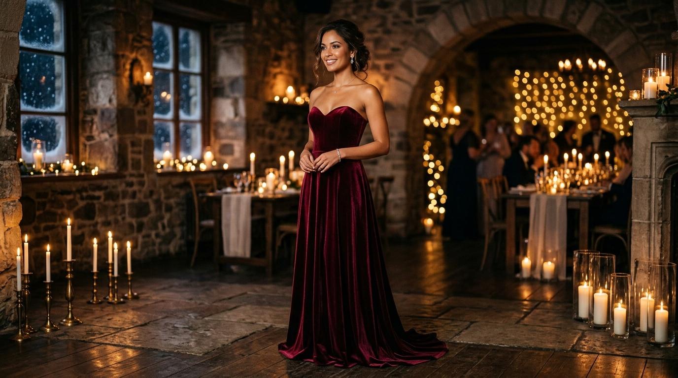 Femme en robe bordeaux dans cadre f&eacute;erique illumin&eacute; de bougies