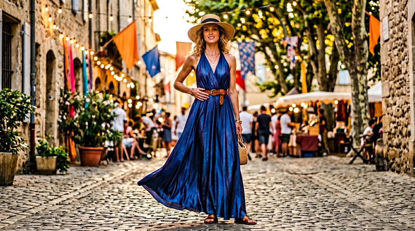 Femme en robe bleue dans une rue europ&eacute;enne pittoresque