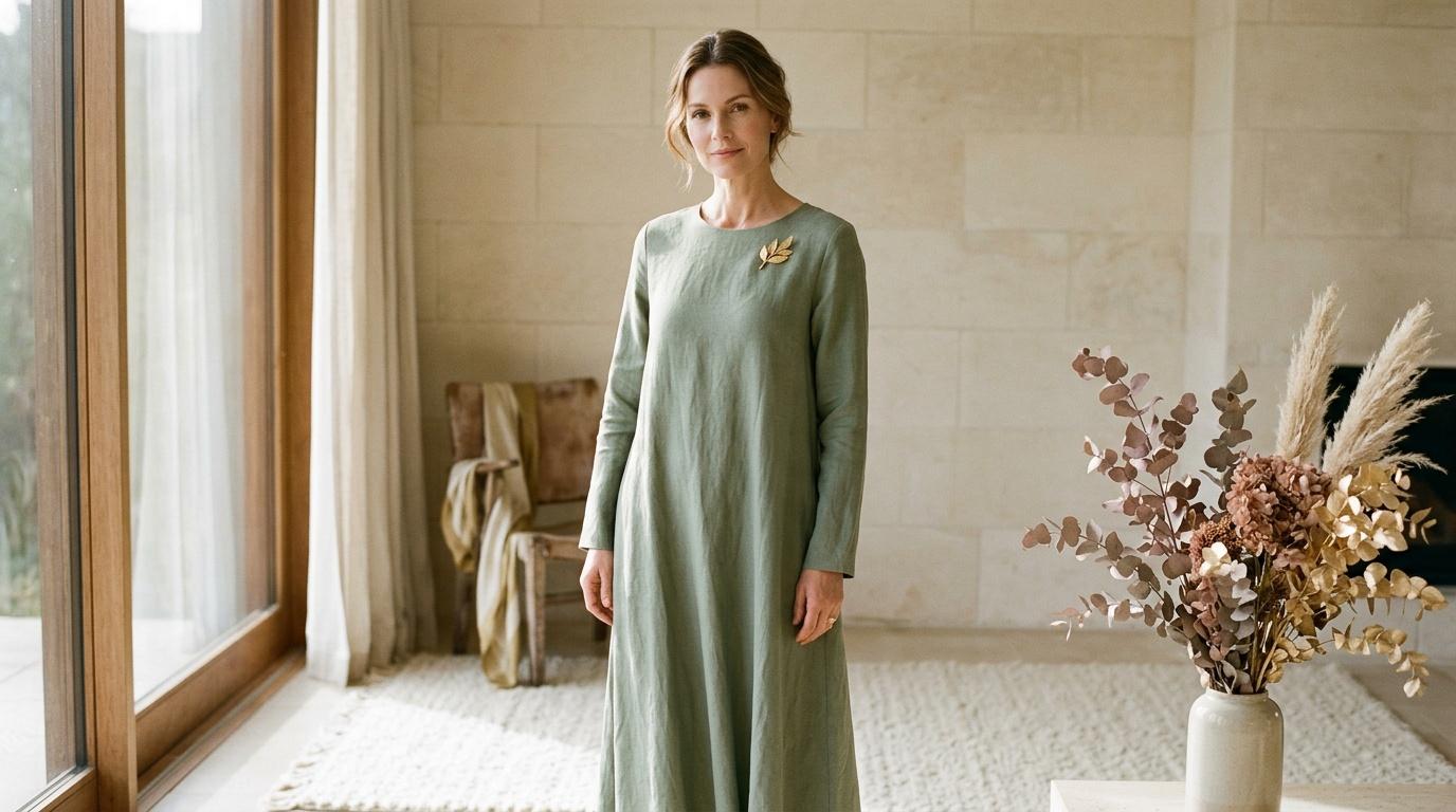 Femme en robe verte dans un int&eacute;rieur &eacute;pur&eacute;