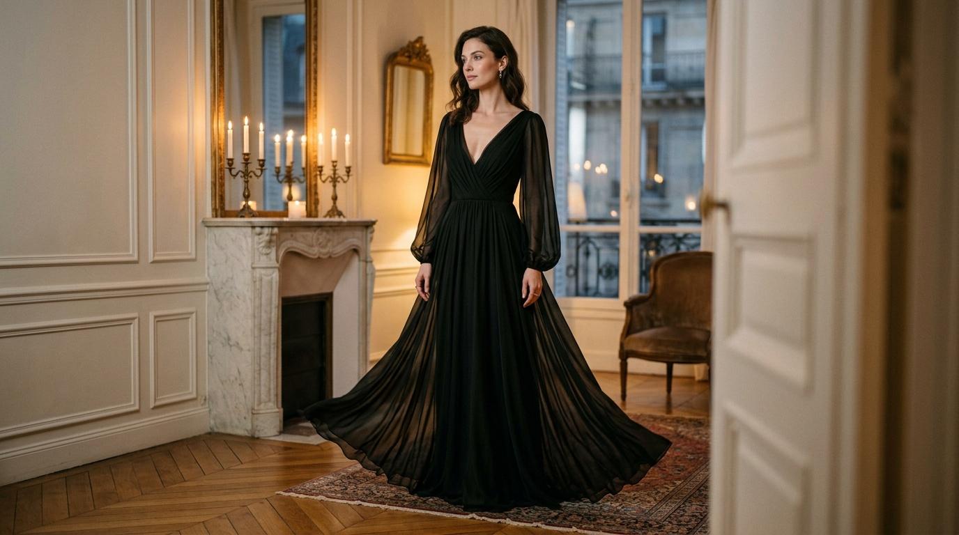 Femme en robe noire fluide dans un int&eacute;rieur classique