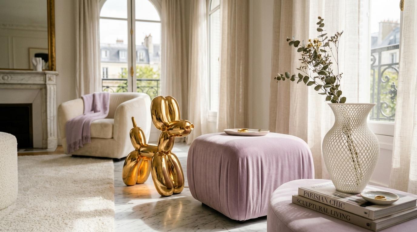 Salon luxueux avec mobilier moderne et vue urbaine parisienne