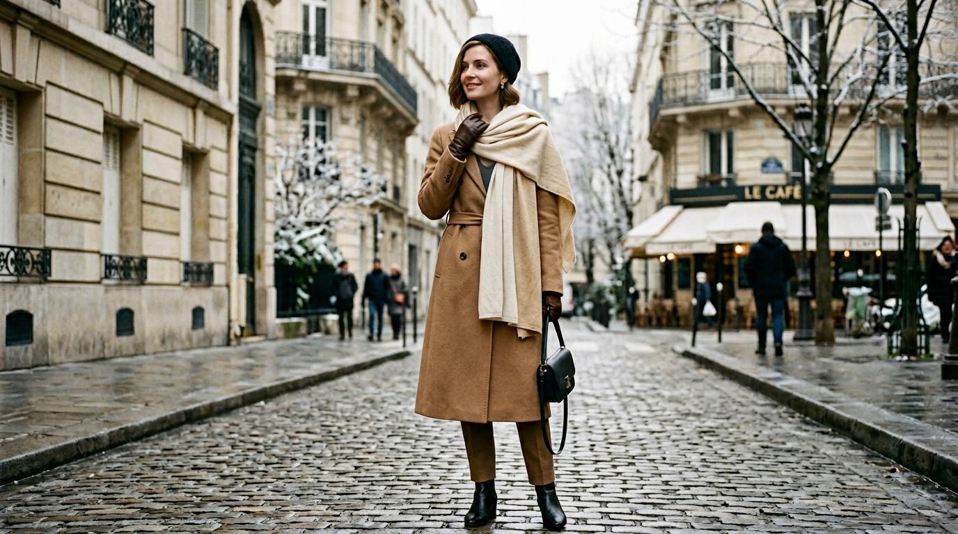 Femme en manteau camel dans une rue pavée parisienne