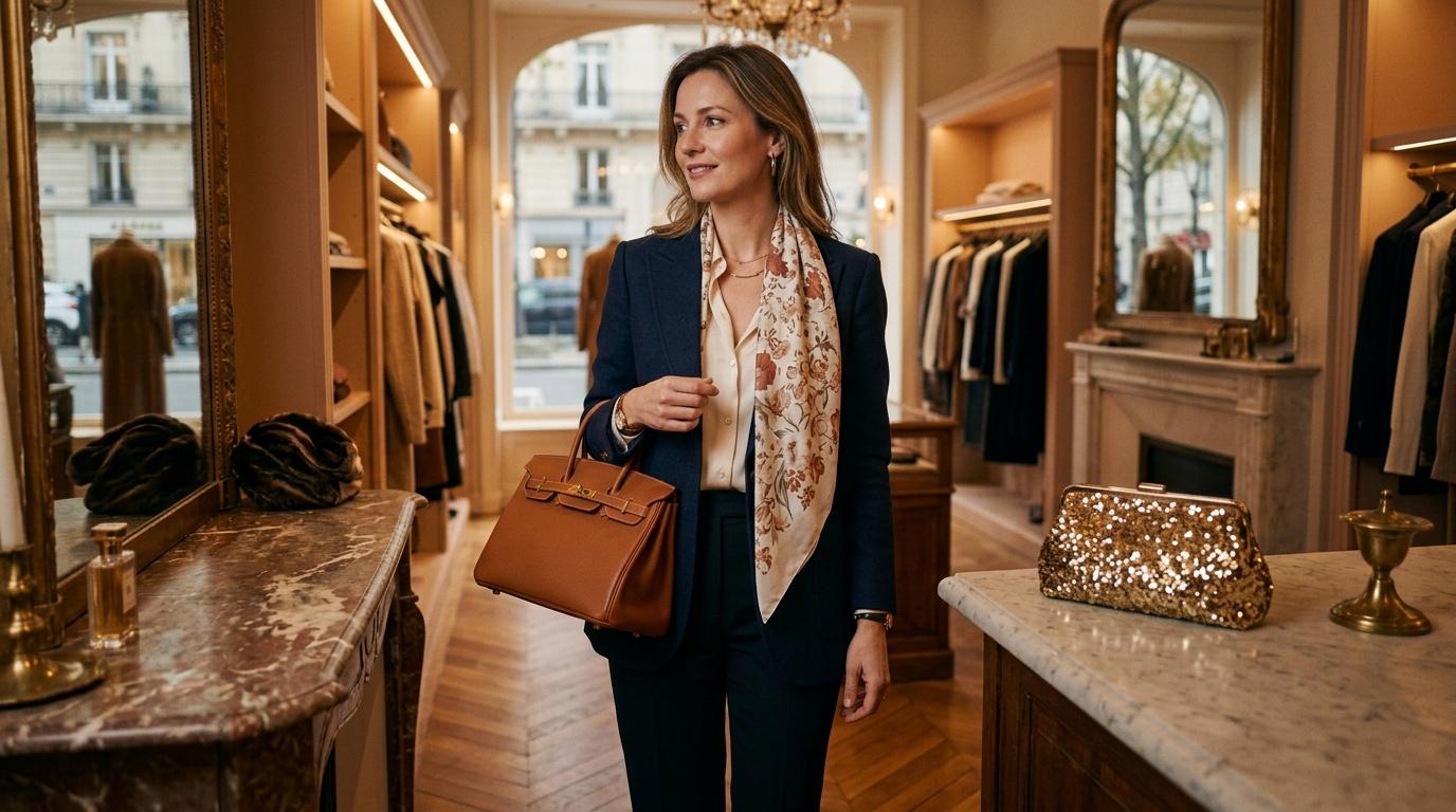 Femme &eacute;l&eacute;gante dans boutique de luxe parisienne avec sac &agrave; main
