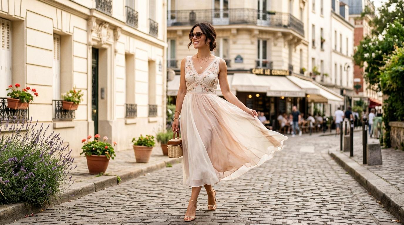 Femme élégante en robe beige dans rue parisienne