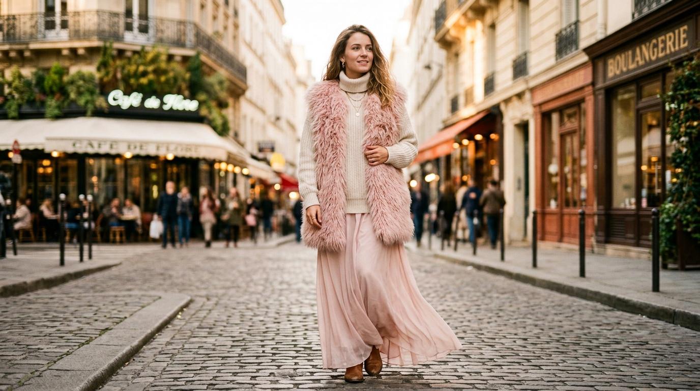 Femme en tenue rose et fourrure dans une rue parisienne