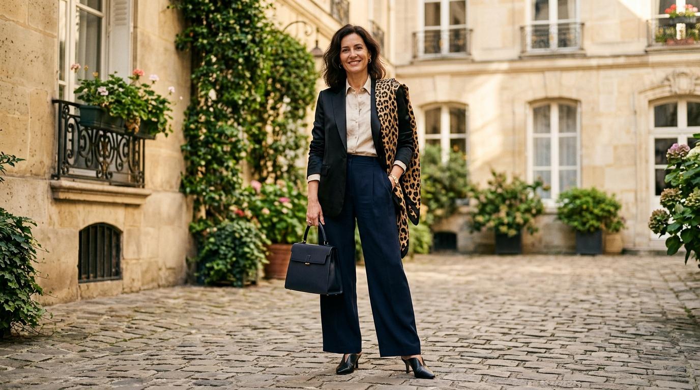 Femme en costume noir et blazer l&eacute;opard dans une cour parisienne
