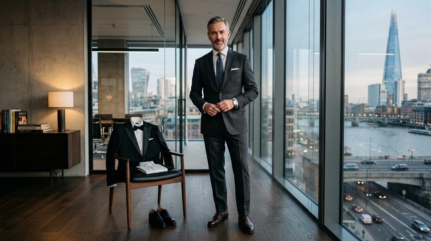 Homme d'affaires en costume dans un bureau panoramique moderne