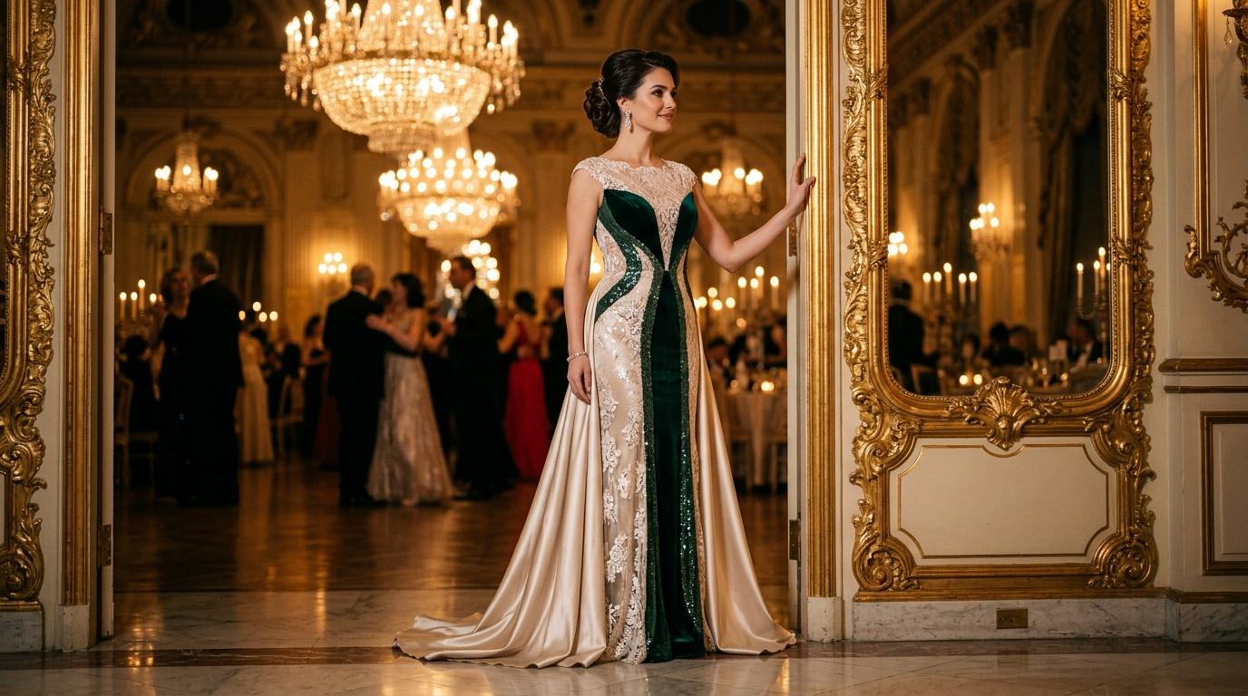 Femme en robe de soir&eacute;e verte et cr&egrave;me dans un palais majestueux illumin&eacute;.