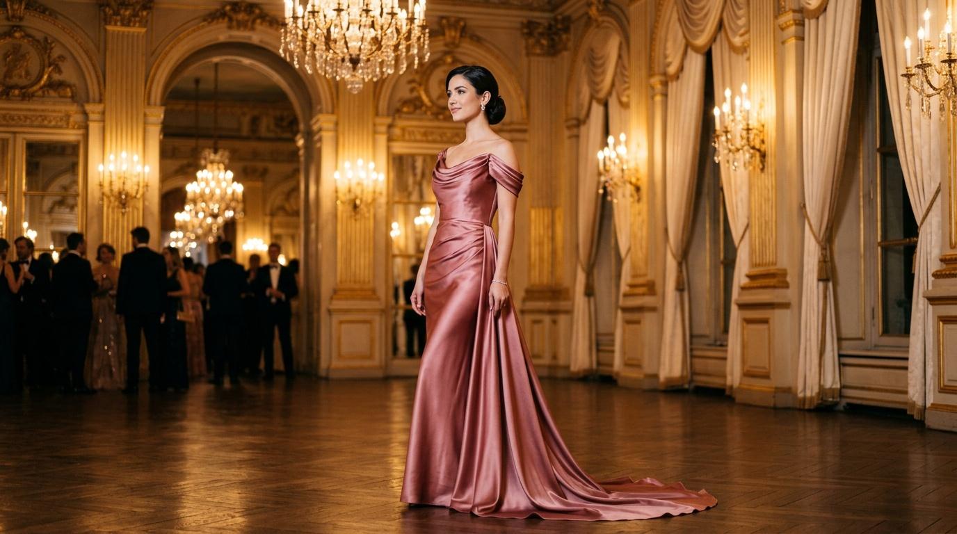 Femme en robe rose dans un somptueux salon de palais
