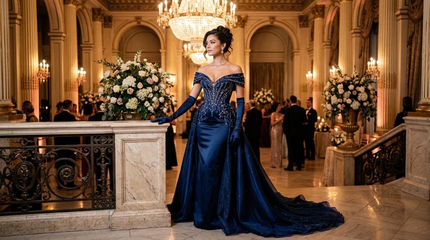 Femme en robe bleue dans un palais majestueux