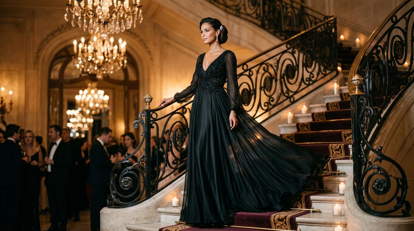 Femme en robe noire descendant un escalier luxueux