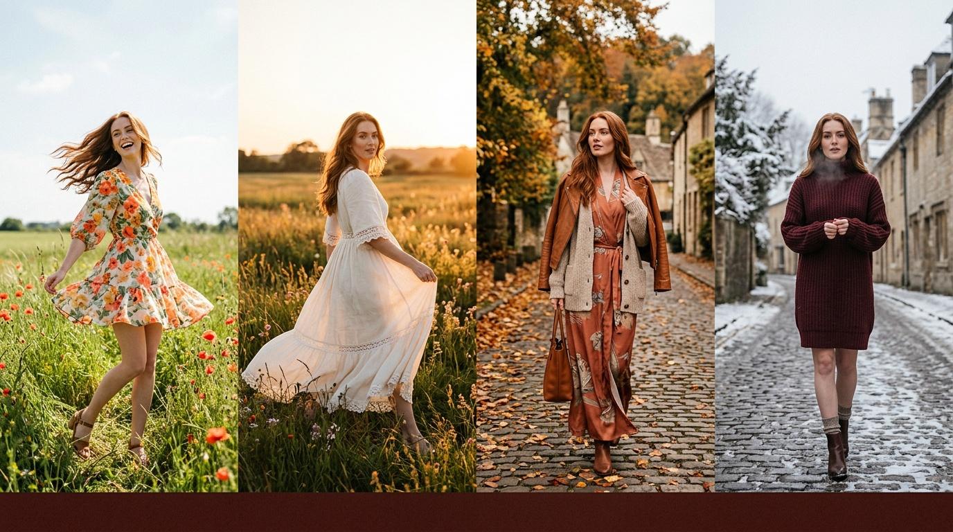 Femme posant dans diff&eacute;rentes saisons et tenues vestimentaires