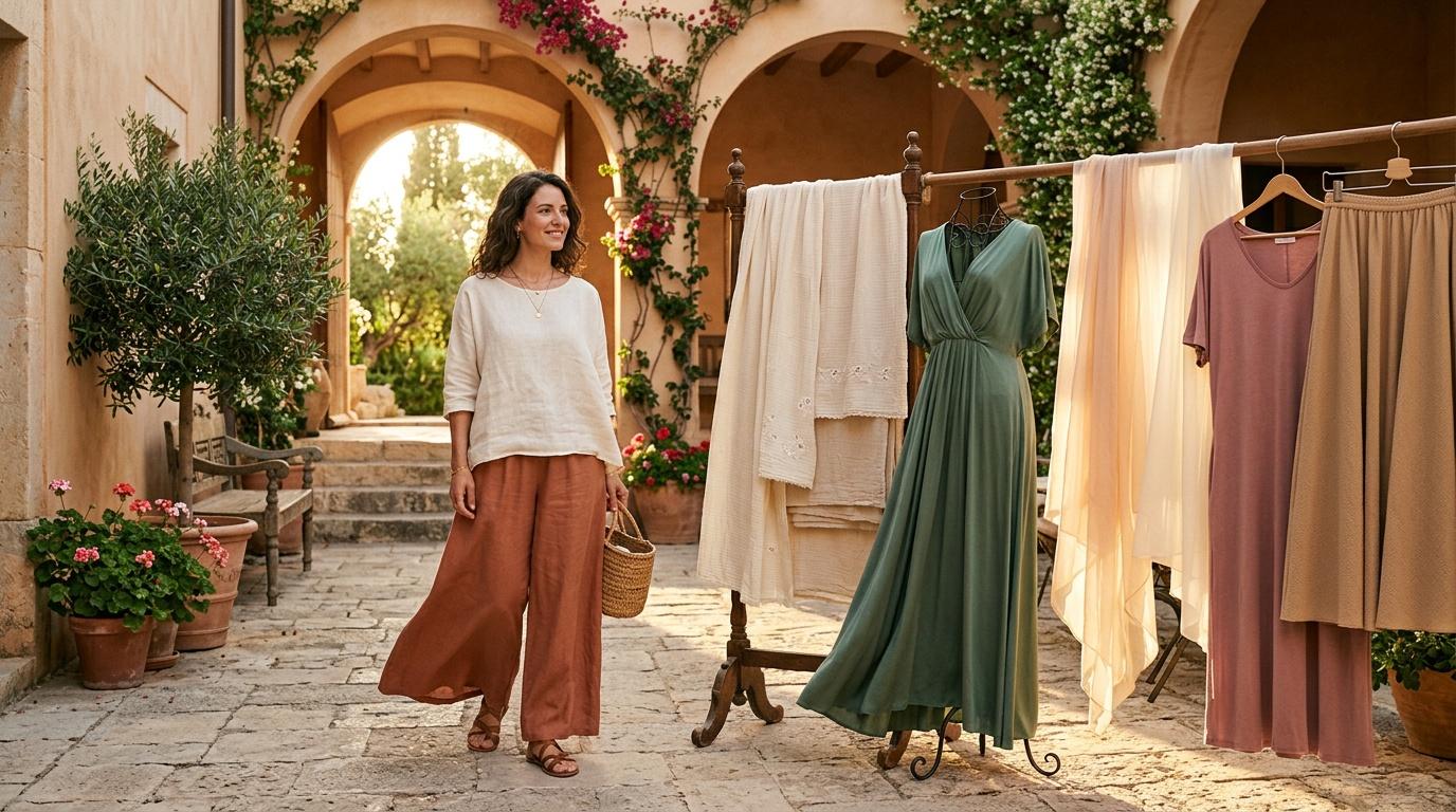 Femme dans cour méditerranéenne avec vêtements étendus à sécher