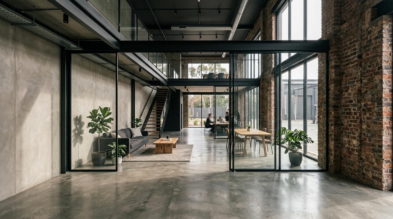 Int&eacute;rieur loft industrial avec briques, acier noir, baies vitr&eacute;es