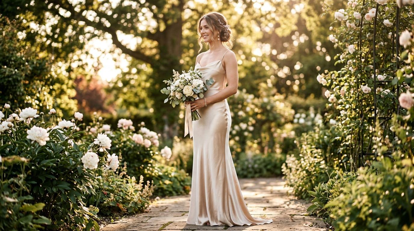 Femme en robe blanche avec bouquet dans allée de roses
