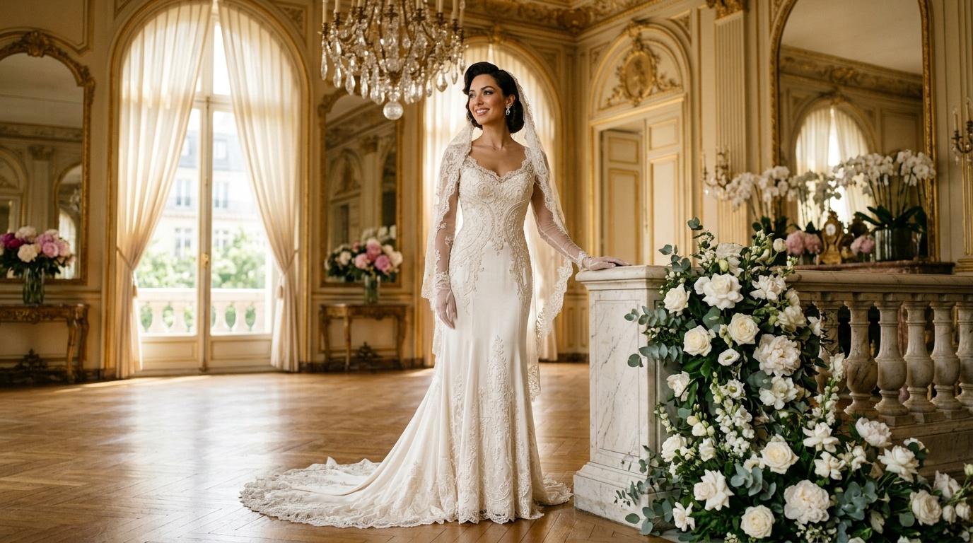 Mariée en robe blanche dentelle dans salle baroque luxueuse