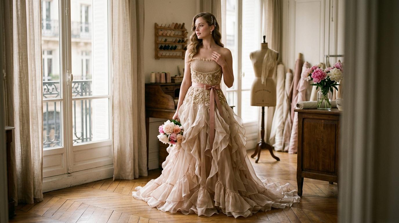 Femme en robe de mari&eacute;e beige dans un salon &eacute;l&eacute;gant