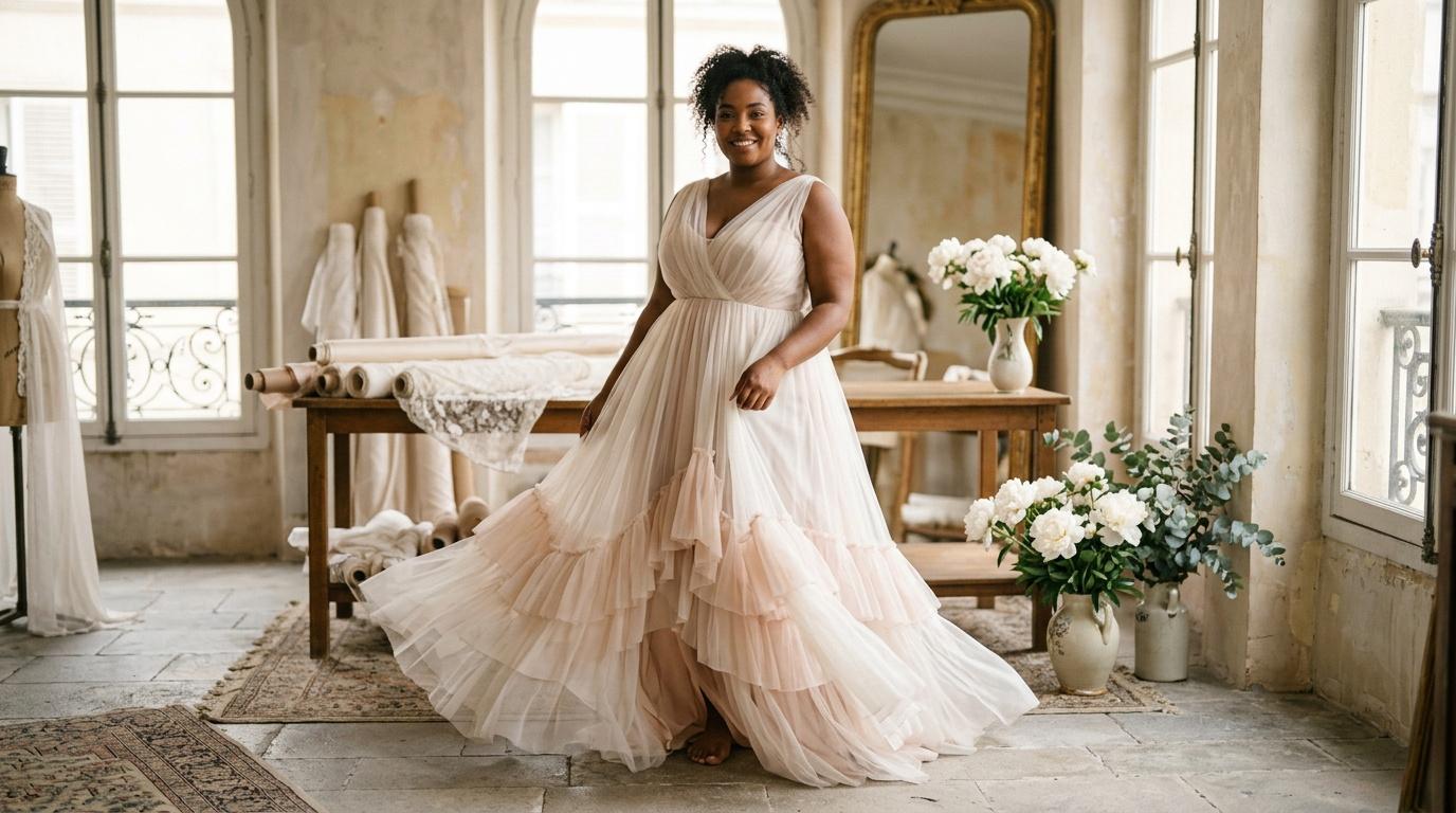 Femme souriante en robe de mari&eacute;e blanche pliss&eacute;e dans un atelier