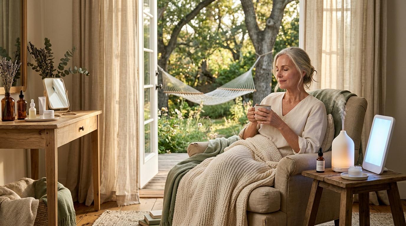 Femme relaxant avec th&eacute; pr&egrave;s d'une fen&ecirc;tre ensoleill&eacute;e