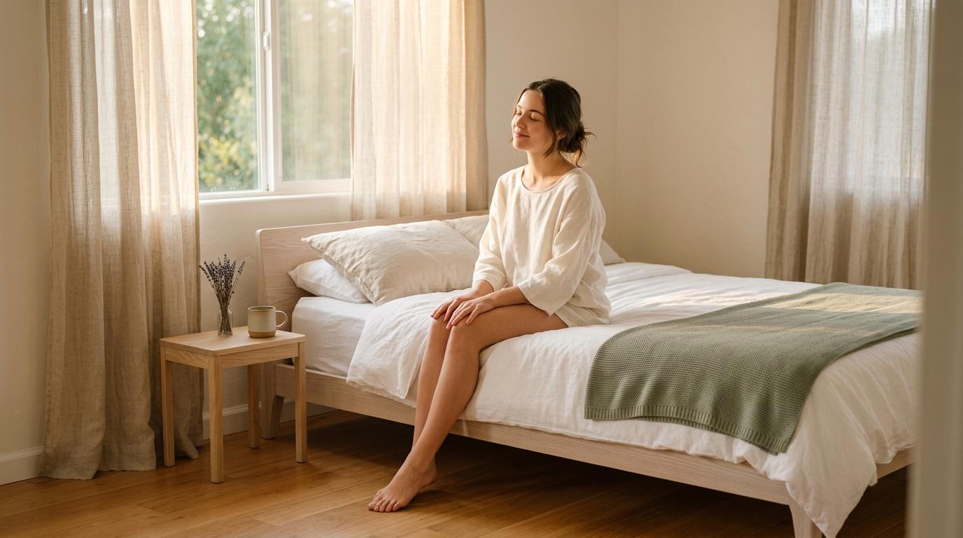 Femme assise sur un lit blanc, regardant par la fen&ecirc;tre