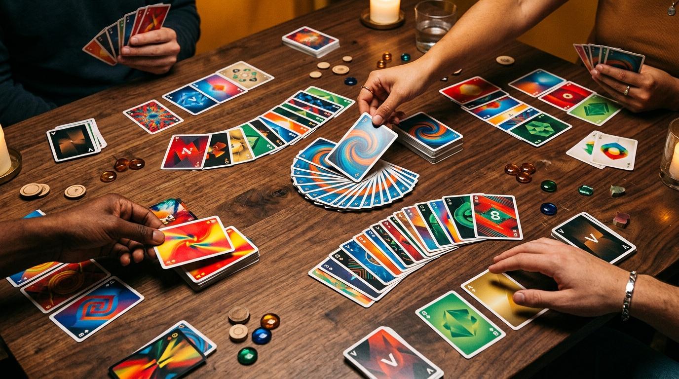 Quatre joueurs autour d'une table jouent aux cartes color&eacute;es