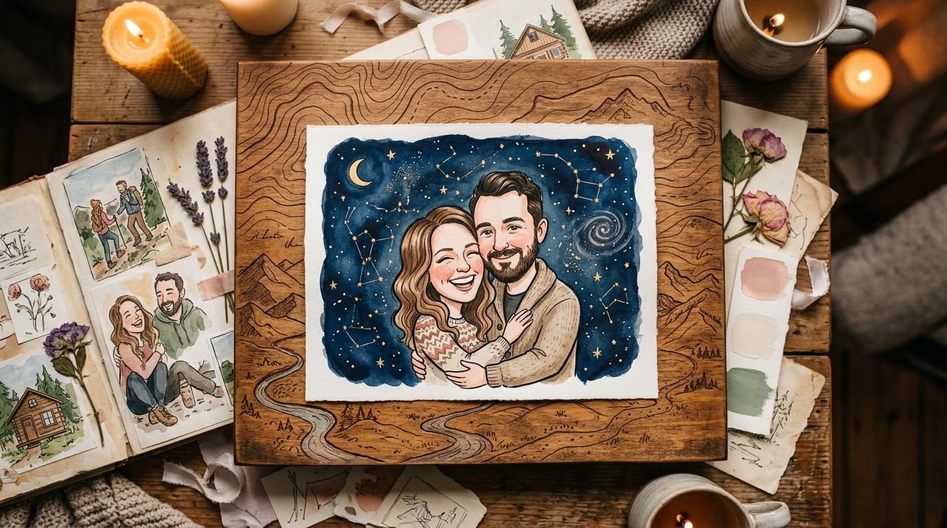 Illustration d'un couple souriant entour&eacute; de constellations et d'&eacute;toiles