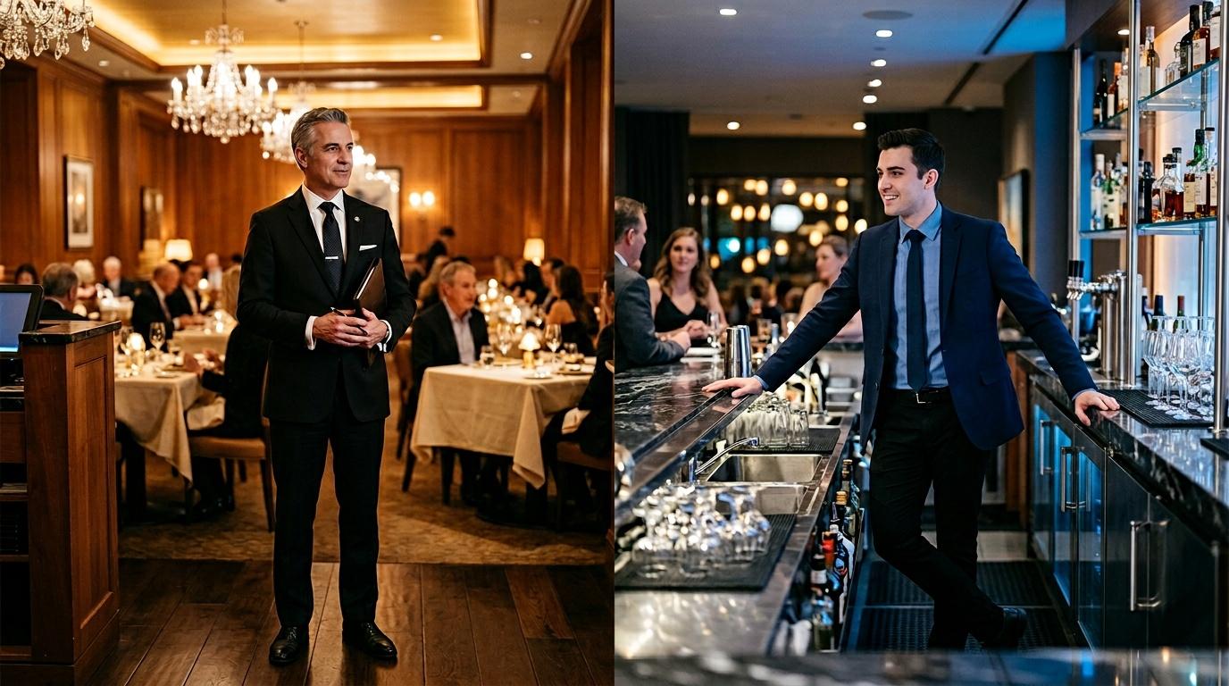 Deux hommes en costume dans bar et restaurant élégants