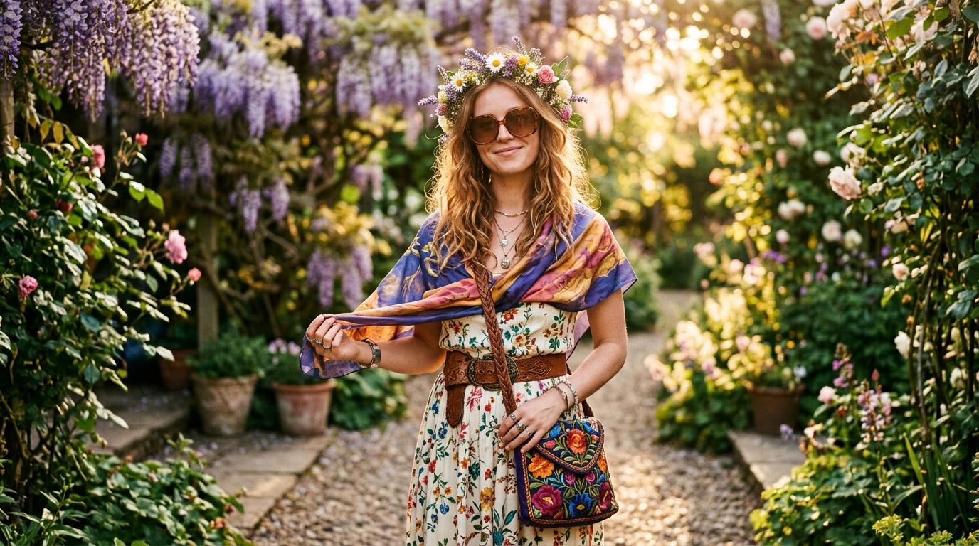 Femme en tenue boh&egrave;me pose dans all&eacute;e de fleurs pourpres
