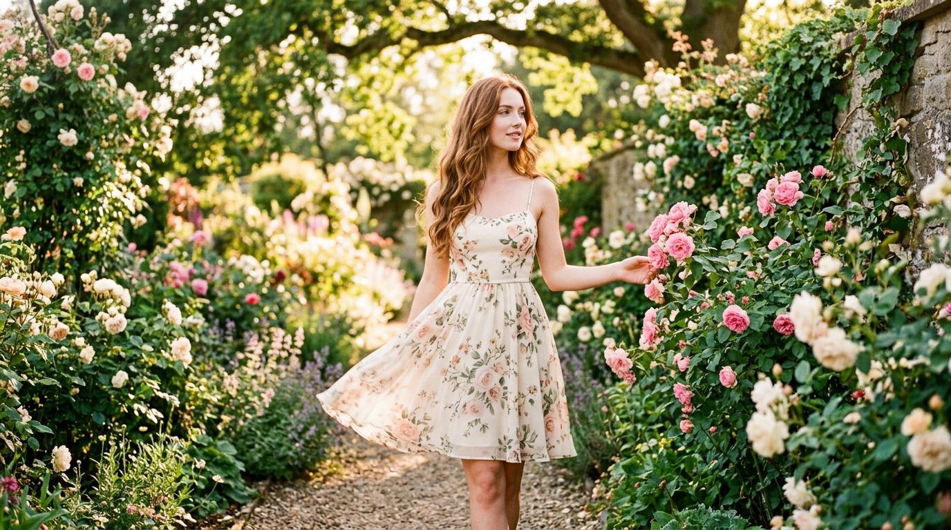 Jeune femme en robe fleurie dans une allée de roses